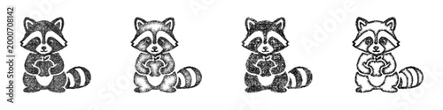 Sketch raccoon with food icon design set