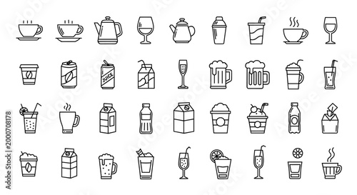 Collection of Diverse Drink Icons Featuring Coffee Tea Juice Cocktails Beer Water Bottles And More Vector