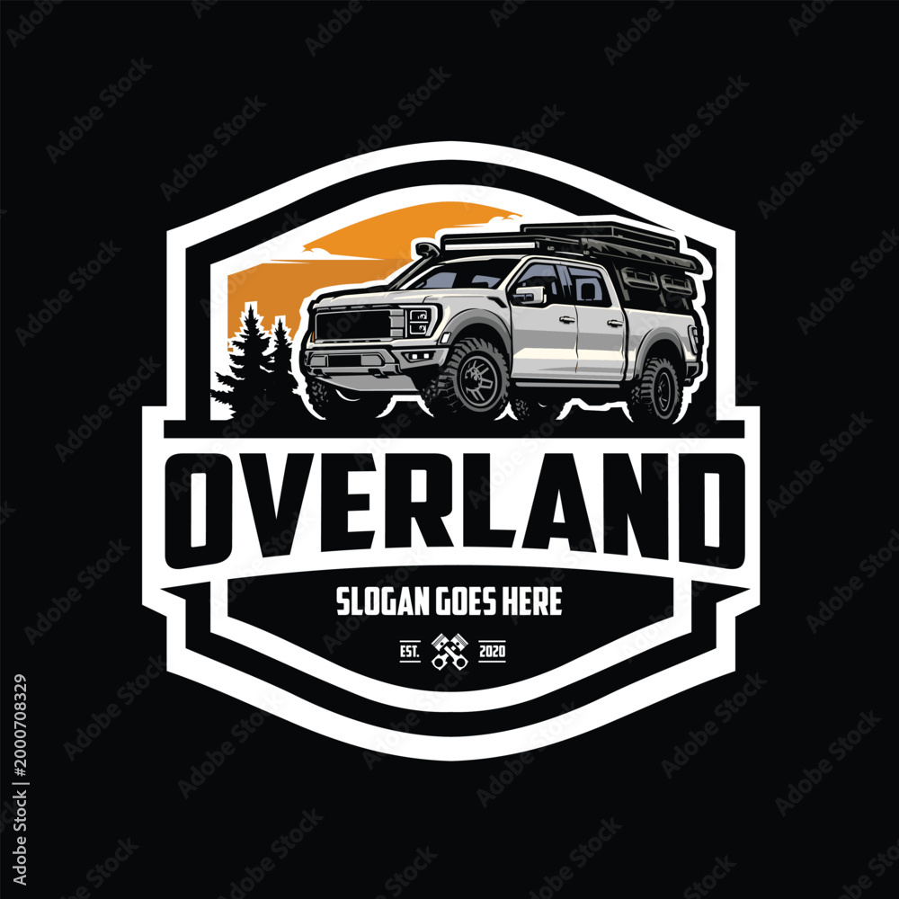 Obraz premium Overland adventure double cabin camper truck badge emblem logo vector illustration. Best for outdoor sport related industry