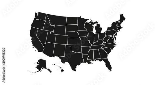 Solid Black Silhouette Map of United States with White State Borders, Isolated White Background