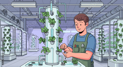 Farmer tending to vertical hydroponic farm with leafy greens