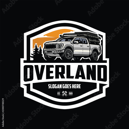 Overland adventure double cabin camper truck badge emblem logo vector illustration. Best for outdoor sport related industry