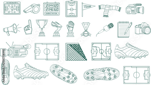 Soccer match strategy icons and broadcast tools in thin line style for sport game vector illustration.
