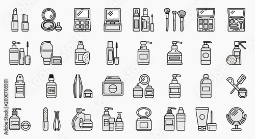 Collection of cosmetic beauty products and makeup tools in a clean, modern flat icon style, elegantly arranged for visual appeal.