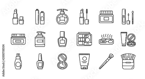 Collection of cosmetic and beauty product line icons including lipstick, mascara, creams, perfumes, and brushes, vector illustration
