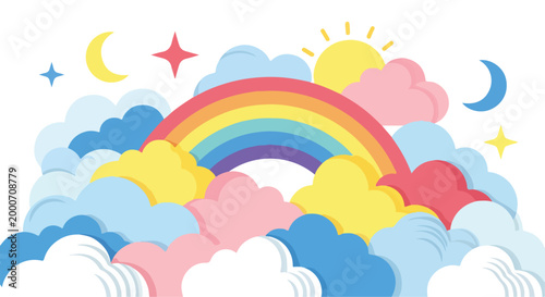 A colorful rainbow amidst fluffy clouds and celestial bodies