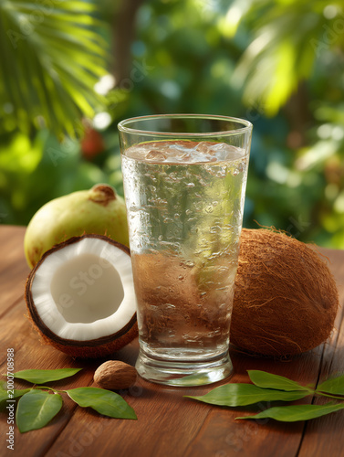 Coconut water drink with ice cubes refreshing summer beverage