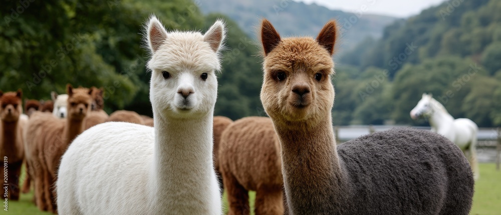 Obraz premium Close up of a white alpaca in a green field with brown alpacas and a white horse in the background under a bright sky with natural light