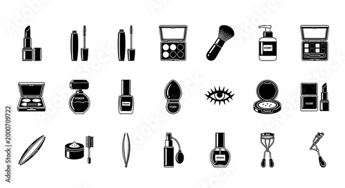 Collection of black and white cosmetic makeup icons, including lipstick, mascara, eyeshadow palettes, brushes, and perfume bottles, presented on a white background.
