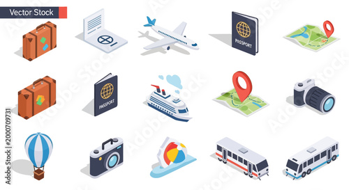 Isometric travel elements design set featuring suitcases, airplanes, and maps for journey