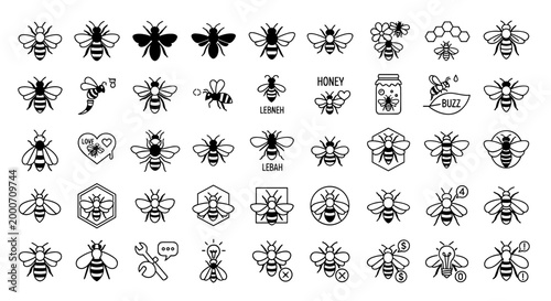Collection of Bee Icons and Illustrations Diverse Styles and Representations of Honeybees in Various Designs