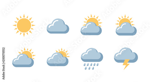 Weather forecast icons illustrating sunny, cloudy, rainy, and stormy conditions visually