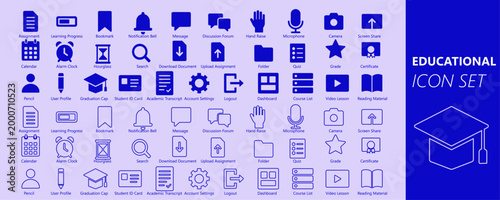 Educational technology and online learning line icon set with student, graduation, course, certificate, dashboard and academic symbols
