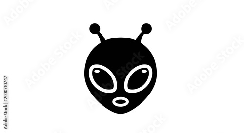 black alien head icon on white background, minimalist graphic, copy space