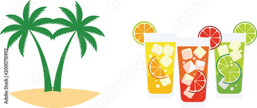 Illustration of tropical palm trees and refreshing drinks with citrus slices for summer and vacation-themed designs on white background.