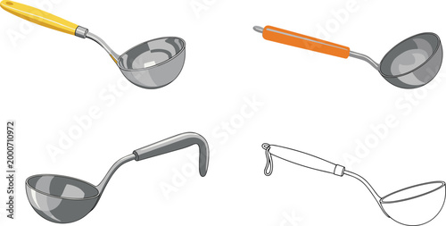 Illustration of different types of ladles with various handles for kitchenware and cooking-themed designs on white background.