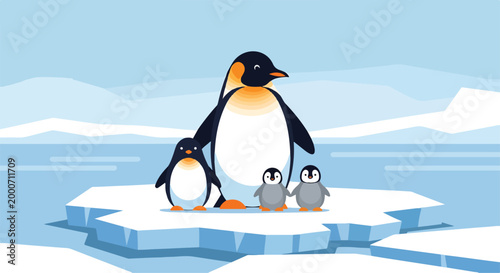 Bild auf Leinwand A large penguin and two smaller ones on a broken ice floe