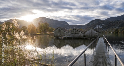 Boathouses at Lake Kochel in autumn, jetty, alpine foreland, Lake Kochel, Bavaria, Germany