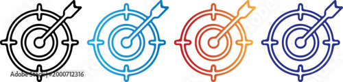 Target board icon with arrow hitting the center bullseye, business goal success concept, objective achievement metaphor, vector line art illustration.
