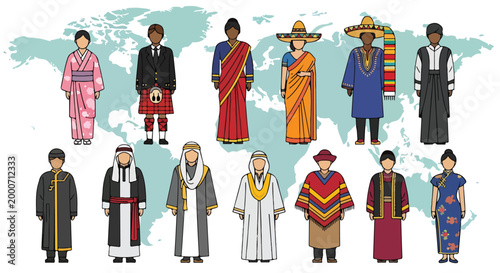 A diverse group of people in traditional attire