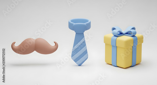 3D illustration of a symbol featuring a gift box, tie and mustache for Father's Day celebrations.