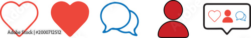 Social media engagement icons set featuring heart like, speech bubble comment, user profile, and notification alert in hand drawn vector line art style.