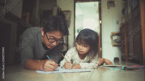 A father and daughter enjoy a creative afternoon together, drawing on the floor in a cozy home setting, fostering bonding and fun.
