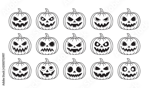 Set of fifteen halloween pumpkin carved faces icons vector graphics spooky scary cheerful fun expressions.
