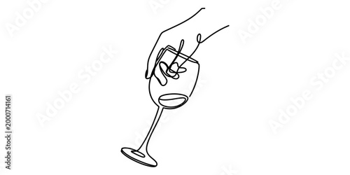 Continuous single line drawing of a hand holding a wine glass filled with a drink for a minimalist artistic lifestyle concept illustration