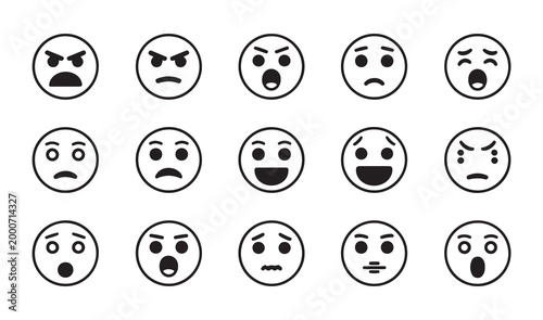 Set of black and white line art emoticons showing different emotions for interface and chat application.