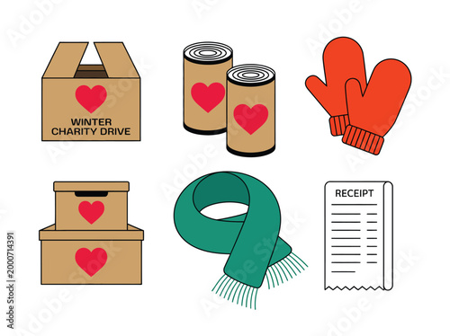 Winter charity drive items collection showing charitable donation, warm clothing, canned food, receipt and helping hand concept in vector style
