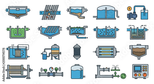 Industrial machinery equipment icons set.