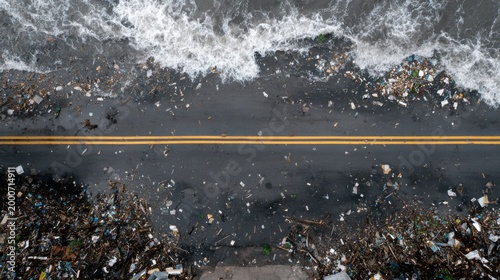 Pollution and Debris Along Coastal Roadway Surrounded by Waves