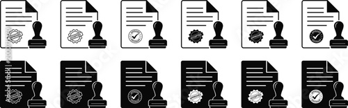 Document stamp icon set, approved and accepted rubber seal symbols on paper files, business certification, legal agreement authorization, verification and validation signs, vector graphic