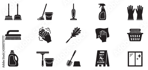 Cleaning icon set. Vector icons for sanitation and cleaning supplies: spray bottle, bubbles, detergent, wiping hand, soap bar, sparkling leaf, clean tag. Vector icon.