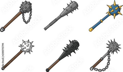 Set of medieval spiked maces with chains in various designs and colors for fantasy weapon illustrations on white background.