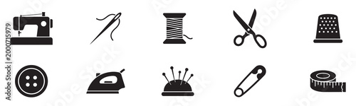 Sewing icons collection. icon set of sewing and tailoring training: needle, thread spool, scissors, other. Vector Illustration. EPS 10