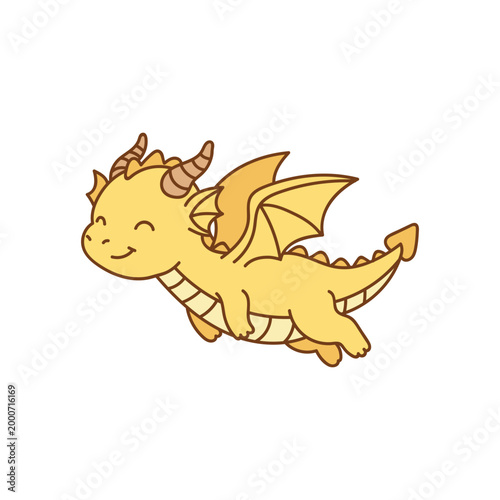 Cute yellow baby dragon flying, smiling cartoon fantasy character