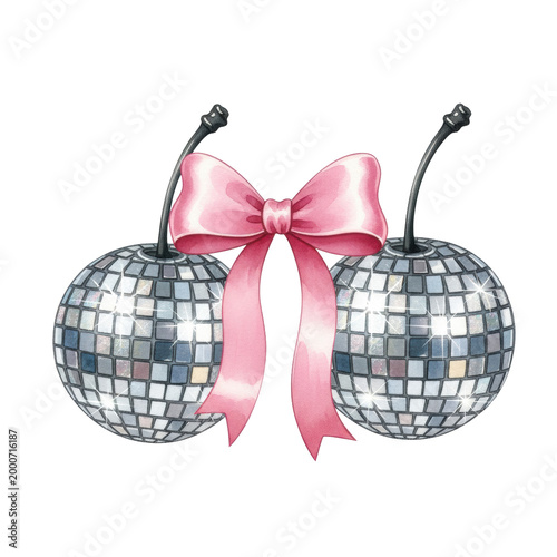 high key watercolor illustration of two sparkling disco ball cherries tied by a vibrant pink satin bow, isolated on a transparent background with ample copy space. Retro party concept