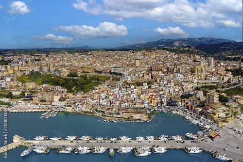 Aerial view, front harbor, fishing port, fishing boats, ships, back Sciacca, picturesque, port town, thermal spa, Agrigento Free Community Consortium, Sicily region, Italy, Mediterranean