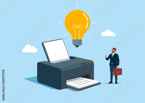 Laser printer with light bulb. Computer hardware, office electronic device for printing documents. Multifunctional gadget. Flat vector illustration