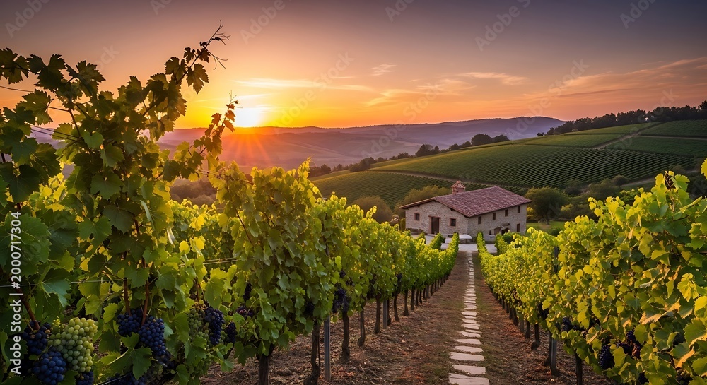 Fototapeta premium Vineyard landscape at sunset with rows of grapevines and a distant building