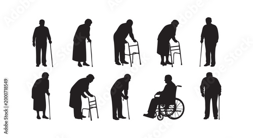 Elderly silhouettes set with senior people using walkers walking sticks and wheelchair for mobility and health assistance.