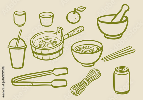 Hand drawn culinary and Japanese noodle set with ramen, chopsticks, cups, soda can and dining accessories