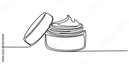Continuous single line drawing of an open face cream jar with cosmetic product inside for beauty skincare and wellness branding design concept vector