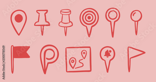 Collection of hand drawn map location icons with various marker designs, geographical pin and navigation elements