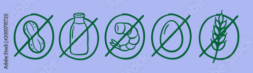 Set of hand drawn food allergy warning signs with peanut, milk, egg, wheat and seafood restrictions, food safety