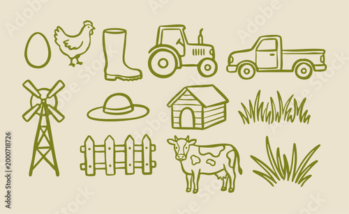 Minimalist countryside farm life hand drawn vector set with tractor, cow, chicken, windmill, fence and pickup truck