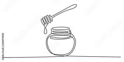 Continuous single line drawing of a honey jar and a wooden honey dipper tool for healthy organic food and natural sweet liquid syrup design element