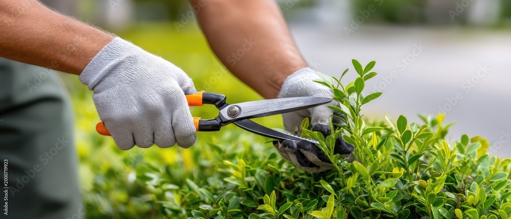 Obraz premium Hands using pruning shears to trim small leaves on a green boxwood shrub in bright outdoor light during gardening activity